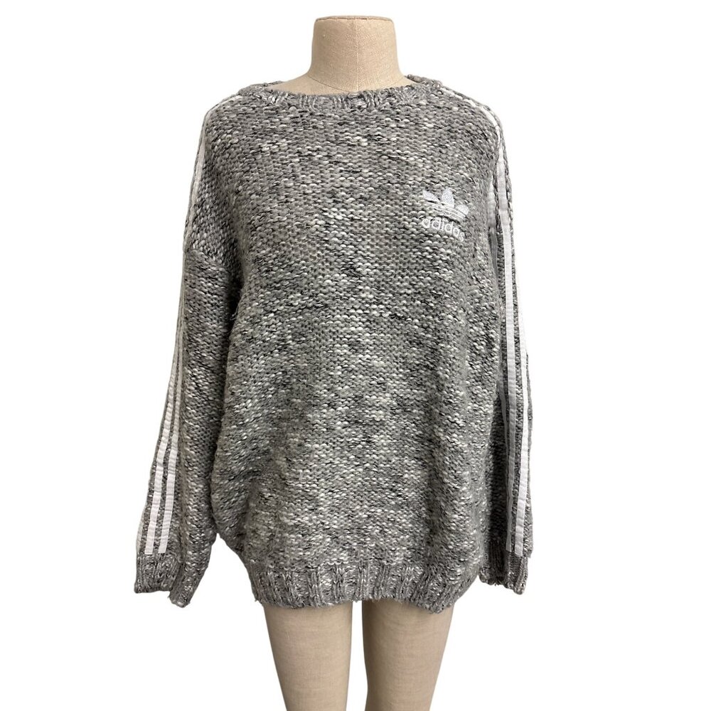 Adidas Womens Grey Knit Sweater With Logo & Striped Sleeves Size M/L